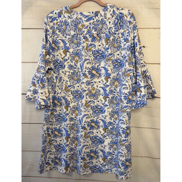 Jude Connally Women's Blue Floral Print Tunic Dress‎ Size L Bell Sleeves - Picture 5 of 5